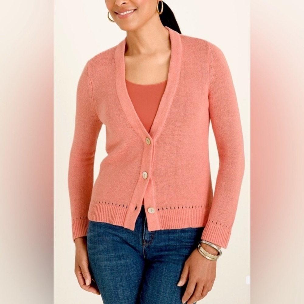 Chicos Linen/Cotton Button-Up Cardigan Sweater size L in Sienna Rose